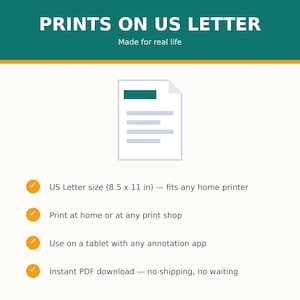Op de afbeelding: Een digitale documentafbeelding met de tekst PRINTS ON US LETTER en Made for real life. Het bevat kenmerken zoals US Letter-formaat 21,59 x 27,94 cm, thuis printen, compatibiliteit met tablet-annotatie-apps en directe PDF-downloadmogelijkheden.