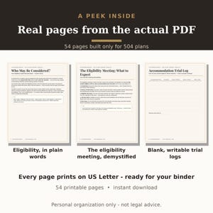 May include: A digital document preview showing three pages from a 54-page PDF toolkit. The pages feature black text on a cream background with headings including Who May Be Considered, The Eligibility Meeting, and Accommodation Trial Log.