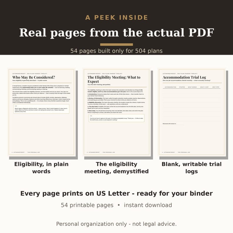 May include: A digital document preview showing three pages from a 54-page PDF toolkit. The pages feature black text on a cream background with headings including Who May Be Considered, The Eligibility Meeting, and Accommodation Trial Log.