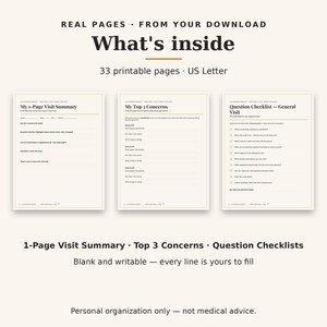 May include: A set of 33 printable US Letter pages for medical organisation. The pages include a 1-Page Visit Summary, My Top 3 Concerns, and a Question Checklist for general visits. Each page features blank lines for writing personal notes.