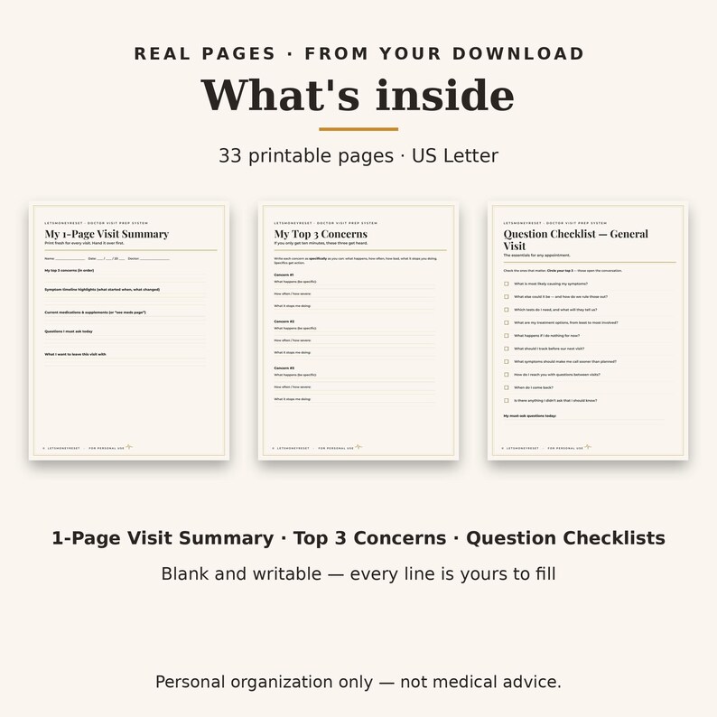May include: A set of 33 printable US Letter pages for medical organisation. The pages include a 1-Page Visit Summary, My Top 3 Concerns, and a Question Checklist for general visits. Each page features blank lines for writing personal notes.