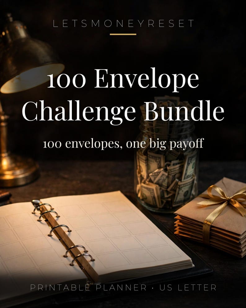 Puede incluir: Un planificador 100 Envelope Challenge Bundle con texto US Letter. La imagen muestra una agenda de anillas abierta, un frasco de vidrio lleno de billetes y una pila de sobres marrones atados con una cinta dorada.