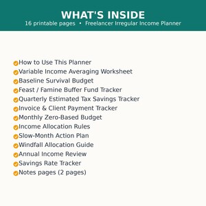 Może przedstawiać: Cyfrowy dokument planera zatytułowany WHAT'S INSIDE 16 printable pages Freelancer Irregular Income Planner. Zawiera listę 12 sekcji, w tym How to Use This Planner, Variable Income Averaging Worksheet oraz r&oacute;żne trackery oznaczone pomarańczowymi znacznikami.
