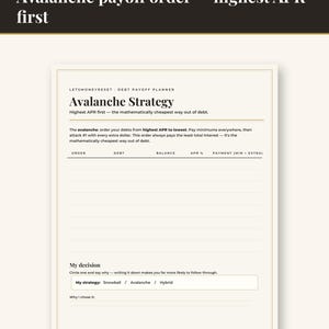 May include: A cream-colored debt payoff planner page titled Avalanche Strategy. It includes sections for debt order, balance, APR, and payment, plus a My decision area with options for Snowball, Avalanche, or Hybrid strategies and space for notes.