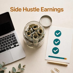 May include: A laptop, a glass jar filled with rolled banknotes, and a white paper with three teal checkmarks and the text Side Hustle Earnings. A gold pen and two paperclips are placed near the paper, with green leaves at the bottom.