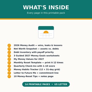 May include: A printable pack document titled WHAT'S INSIDE featuring a calendar icon and a list of 10 items including 2026 Money Audit, Net Worth Snapshot, Debt Inventory, 2027 Money Goals, Money Values, Monthly Reset, Quarterly Check-Ins, and 14 US Letter pages.