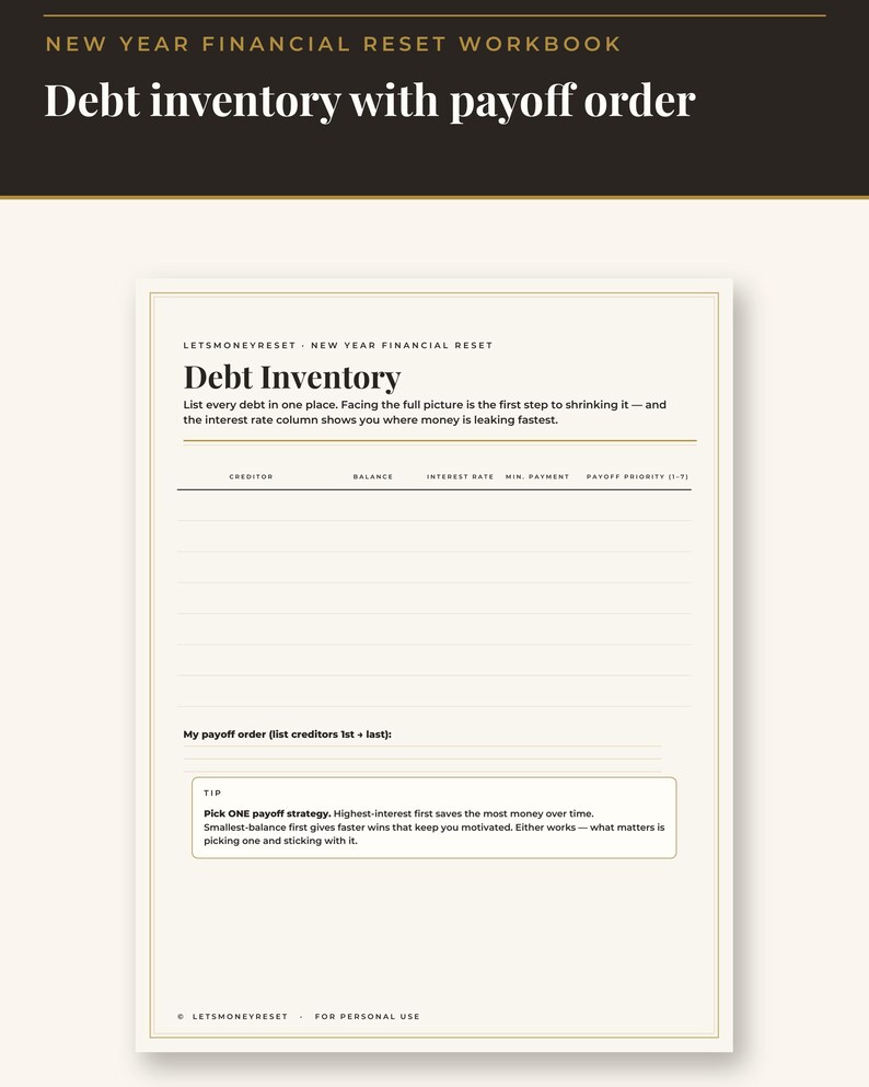 May include: A New Year Financial Reset workbook page titled Debt Inventory with columns for creditor, balance, interest rate, minimum payment, and payoff priority. It includes a section for payoff order and a tip box about debt strategies.