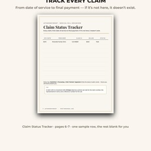 May include: A white medical bill organizer page titled Claim Status Tracker with columns for service date, provider, claim number, billed amount, and status. It includes a status key, a tip box, and the text Let's Money Reset at the top and bottom.