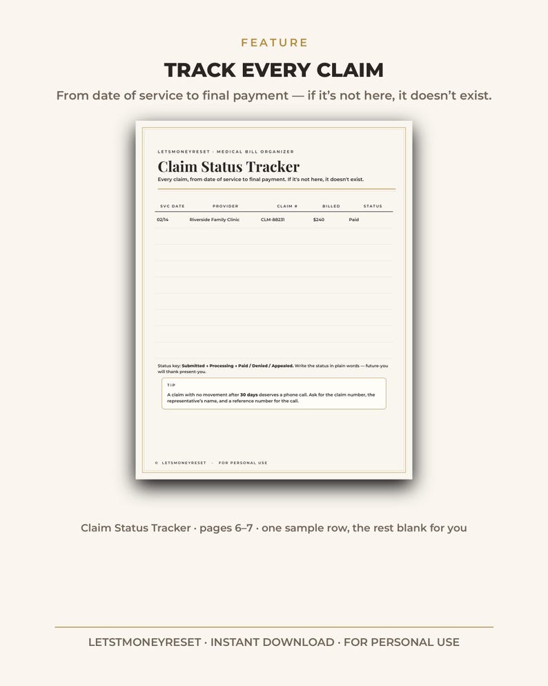 May include: A white medical bill organizer page titled Claim Status Tracker with columns for service date, provider, claim number, billed amount, and status. It includes a status key, a tip box, and the text Let's Money Reset at the top and bottom.
