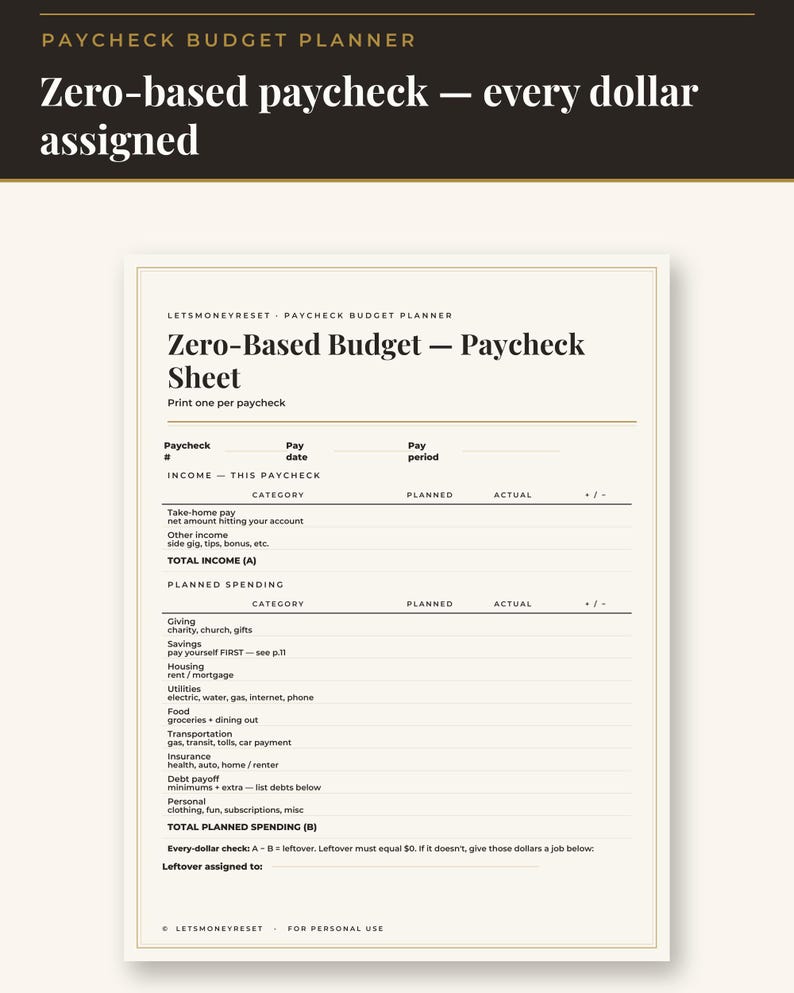 May include: A printable paycheck budget planner sheet with a cream background and black text. The document features sections for income, planned spending, and a zero-based budget calculation. It includes fields for paycheck number, date, and period.