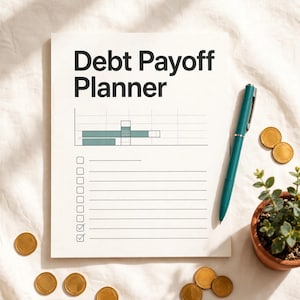 Op de afbeelding: Een wit Debt Payoff Planner-blad met een zwarte titel, een horizontaal staafdiagram en een checklist met lijnen voor notities. Een blauwgroene pen ligt op het papier, vergezeld door verschillende gouden munten en een kleine groene plant.