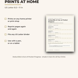 May include: A digital printable medical bill organizer page titled Deductible & Out-of-Pocket Progress. The document features sections for individual and family deductibles and out-of-pocket maximums with blank lines and shade-in progress bars.