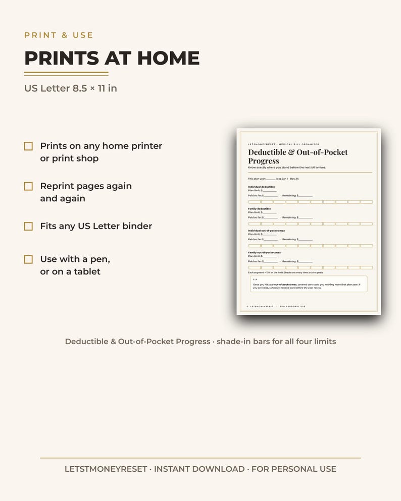 May include: A digital printable medical bill organizer page titled Deductible & Out-of-Pocket Progress. The document features sections for individual and family deductibles and out-of-pocket maximums with blank lines and shade-in progress bars.