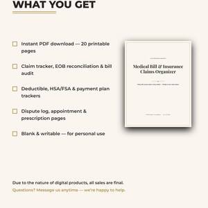 May include: A digital Medical Bill & Insurance Claims Organizer planner with 20 printable pages. Features include a claim tracker, EOB reconciliation, bill audit, deductible, HSA/FSA, payment plan trackers, dispute log, and appointment pages.