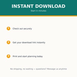 May include: A digital instruction graphic with a teal header reading INSTANT DOWNLOAD and Start in minutes. Three numbered steps follow: 1. Check out securely, 2. Get your download link instantly, 3. Print and start planning today. Footer text reads: No shipping, no waiting &mdash; questions? Message us anytime.