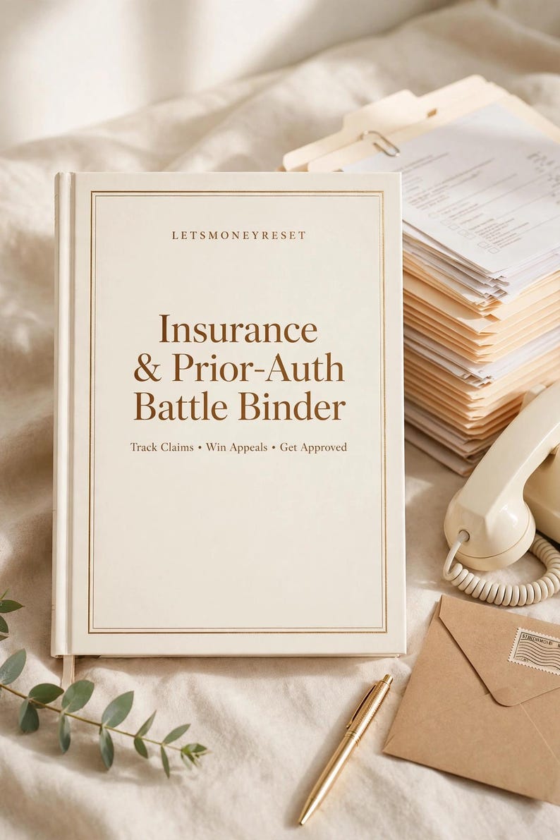 May include: A cream-coloured hardbound binder with gold-toned border lines and brown text that reads: LETS MONEY RESET, Insurance & Prior-Auth Battle Binder, Track Claims, Win Appeals, Get Approved. The binder is positioned upright on a soft surface.