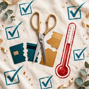 Op de afbeelding: Goudkleurige schaar die een donkergroene creditcard en een gouden creditcard doorknipt, vergezeld van een rode thermometerillustratie en verschillende blauwe vinkjes op een lichte stoffen achtergrond met bladgoudaccenten.