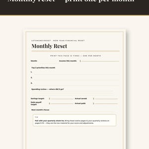 May include: A New Year Financial Reset workbook page titled Monthly Reset. The document includes fields for month, income, top three priorities, spending review, savings and debt targets, actual saved and paid amounts, and a tip section.