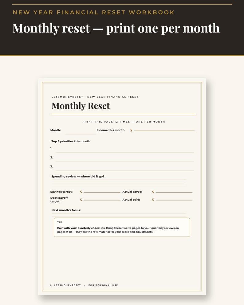 May include: A New Year Financial Reset workbook page titled Monthly Reset. The document includes fields for month, income, top three priorities, spending review, savings and debt targets, actual saved and paid amounts, and a tip section.