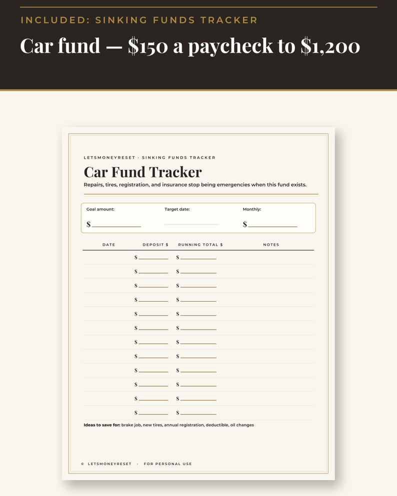 May include: A printable Car Fund Tracker document with a cream background and black text. The header reads Car Fund Tracker, followed by fields for goal amount, target date, and monthly savings. It includes columns for date, deposit, running total, and notes.