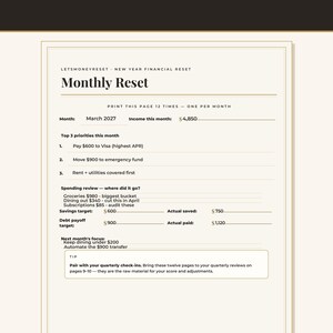 May include: A cream-colored financial workbook page titled Monthly Reset with black text. It includes fields for March 2027, income of $4,850, top three priorities, a spending review, savings targets, debt payoff goals, and a tip for quarterly check-ins.