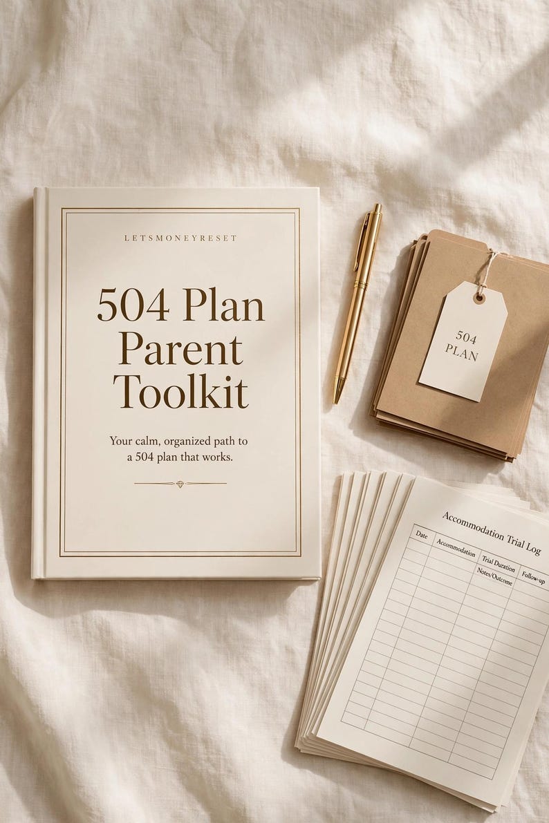 May include: A cream-colored 504 Plan Parent Toolkit book with dark brown text, a gold pen, a stack of brown cardstock folders with a 504 PLAN tag, and a stack of white Accommodation Trial Log sheets with columns for date, duration, and notes.