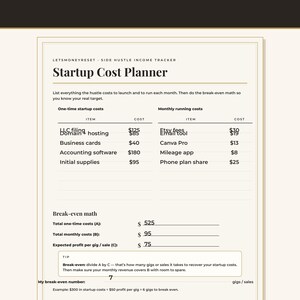 May include: A cream-coloured Startup Cost Planner document with black text. It features sections for one-time startup costs and monthly running costs, including items like LLC filing, domain hosting, Etsy fees, and Canva Pro, plus a break-even math section.
