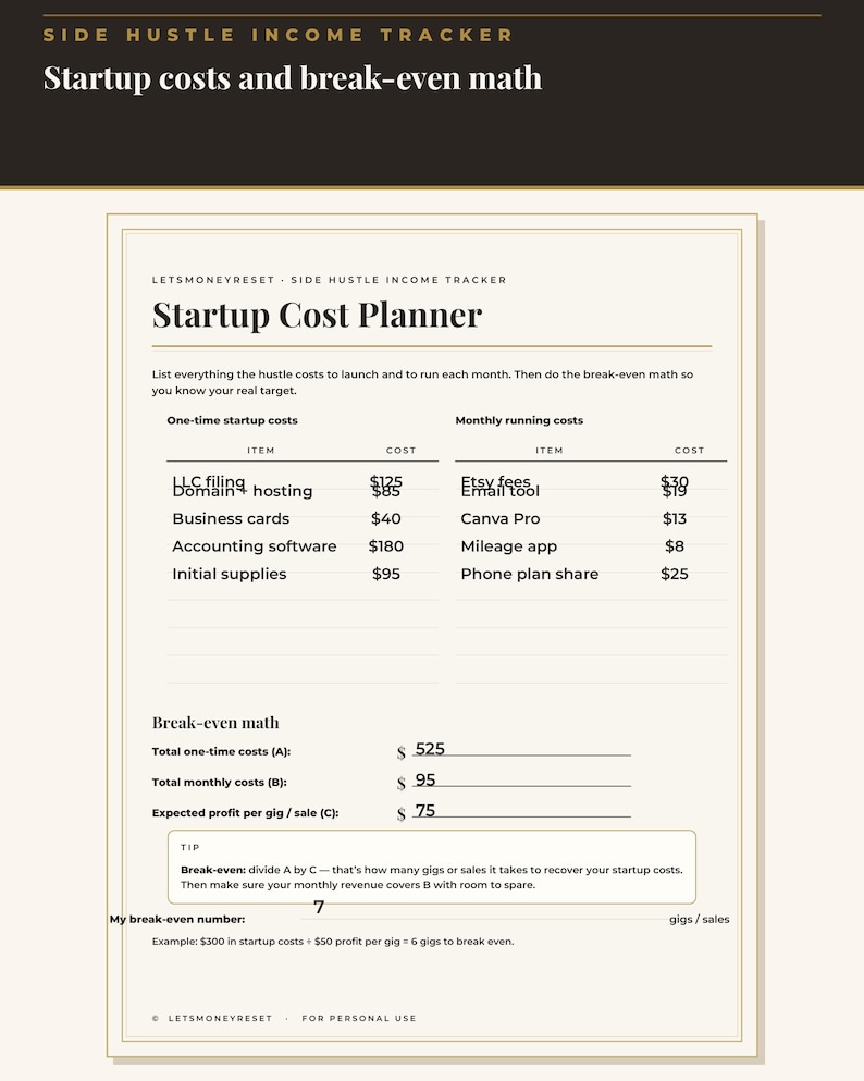 May include: A cream-coloured Startup Cost Planner document with black text. It features sections for one-time startup costs and monthly running costs, including items like LLC filing, domain hosting, Etsy fees, and Canva Pro, plus a break-even math section.