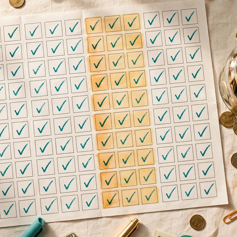 May include: A white paper tracker sheet featuring a grid of square boxes, each containing a teal checkmark. A central vertical column of these boxes is highlighted with a light orange wash. The grid is arranged in rows and columns on the page.