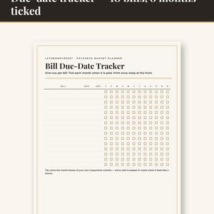 May include: A cream-colored paper sheet titled Bill Due-Date Tracker with columns for bill name, due date, and amount, followed by twelve monthly checkboxes labeled J through D. The header reads LETS MONEY RESET PAYCHECK BUDGET PLANNER.