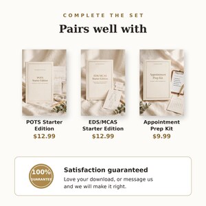 May include: Three cream-coloured booklets titled POTS Starter Edition, EDS/MCAS Starter Edition, and Appointment Prep Kit. Each booklet features a simple border and text. A satisfaction guarantee box with a gold seal is at the bottom of the image.