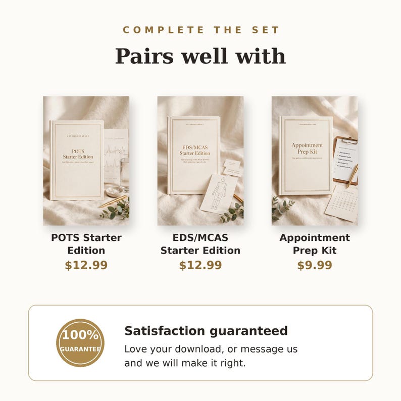 May include: Three cream-coloured booklets titled POTS Starter Edition, EDS/MCAS Starter Edition, and Appointment Prep Kit. Each booklet features a simple border and text. A satisfaction guarantee box with a gold seal is at the bottom of the image.