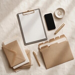 May include: A grey clipboard with a blank white sheet, a black smartphone, a small white bowl with metal paper clips, a gold pen, a stack of brown envelopes with white paper, and a set of brown file folders with white paper inserts.