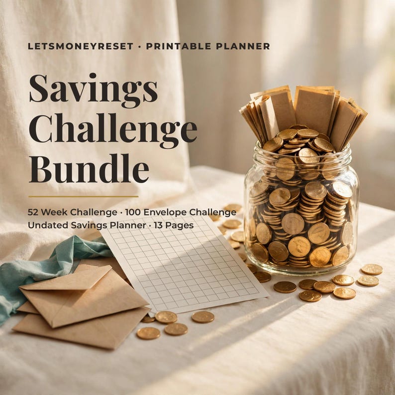 Puede incluir: Un paquete de desaf&iacute;os de ahorro imprimibles que incluye un frasco de vidrio lleno de monedas doradas, sobres marrones y una p&aacute;gina de planificador con cuadr&iacute;cula. El texto dice: LETSMONEYRESET &middot; PRINTABLE PLANNER, Savings Challenge Bundle, 52 Week Challenge, 100 Envelope Challenge, Undated Savings Planner, 13 Pages.
