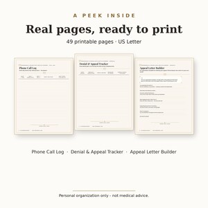May include: A set of three printable A4-sized pages featuring a Phone Call Log, a Denial & Appeal Tracker, and an Appeal Letter Builder. The documents include structured fields for tracking medical insurance correspondence and appeal details.