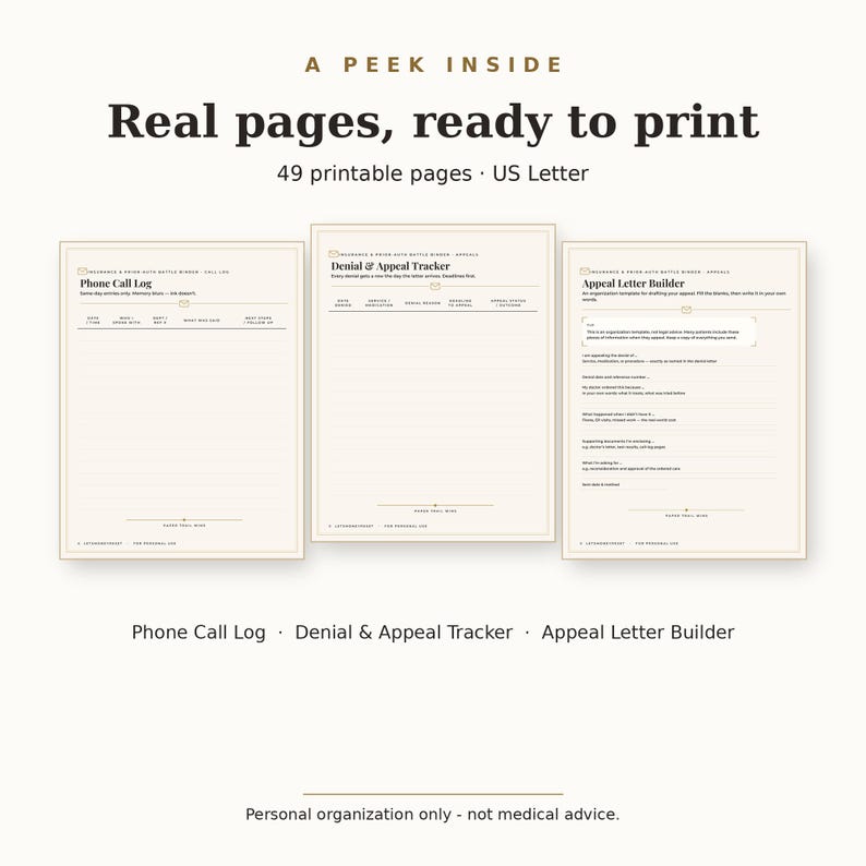 May include: A set of three printable A4-sized pages featuring a Phone Call Log, a Denial & Appeal Tracker, and an Appeal Letter Builder. The documents include structured fields for tracking medical insurance correspondence and appeal details.