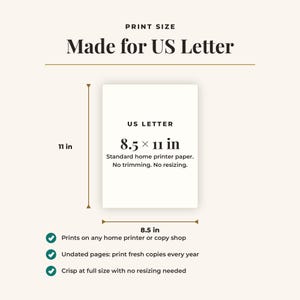 Puede incluir: Una gu&iacute;a de impresi&oacute;n para papel tama&ntilde;o carta de EE. UU., que mide 8,5 por 11 pulgadas. El gr&aacute;fico muestra el texto 'Made for US Letter', 'US LETTER', '8,5 x 11 in', 'Standard home printer paper. No trimming. No resizing.' y tres marcas de verificaci&oacute;n.