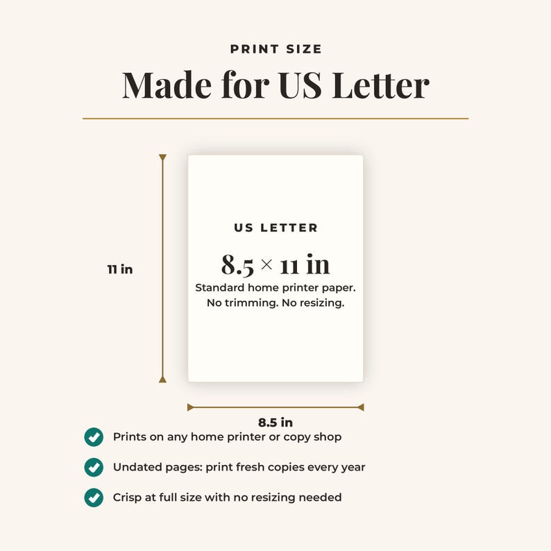 Puede incluir: Una gu&iacute;a de impresi&oacute;n para papel tama&ntilde;o carta de EE. UU., que mide 8,5 por 11 pulgadas. El gr&aacute;fico muestra el texto 'Made for US Letter', 'US LETTER', '8,5 x 11 in', 'Standard home printer paper. No trimming. No resizing.' y tres marcas de verificaci&oacute;n.