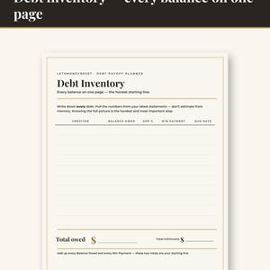 Op de afbeelding: Een pagina uit een schuldhulpverlener genaamd Debt Inventory met velden voor schuldeiser, openstaand saldo, rentepercentage, minimale betaling en vervaldatum. Het document bevat secties voor het totaal verschuldigde bedrag en de totale minimale betalingen.