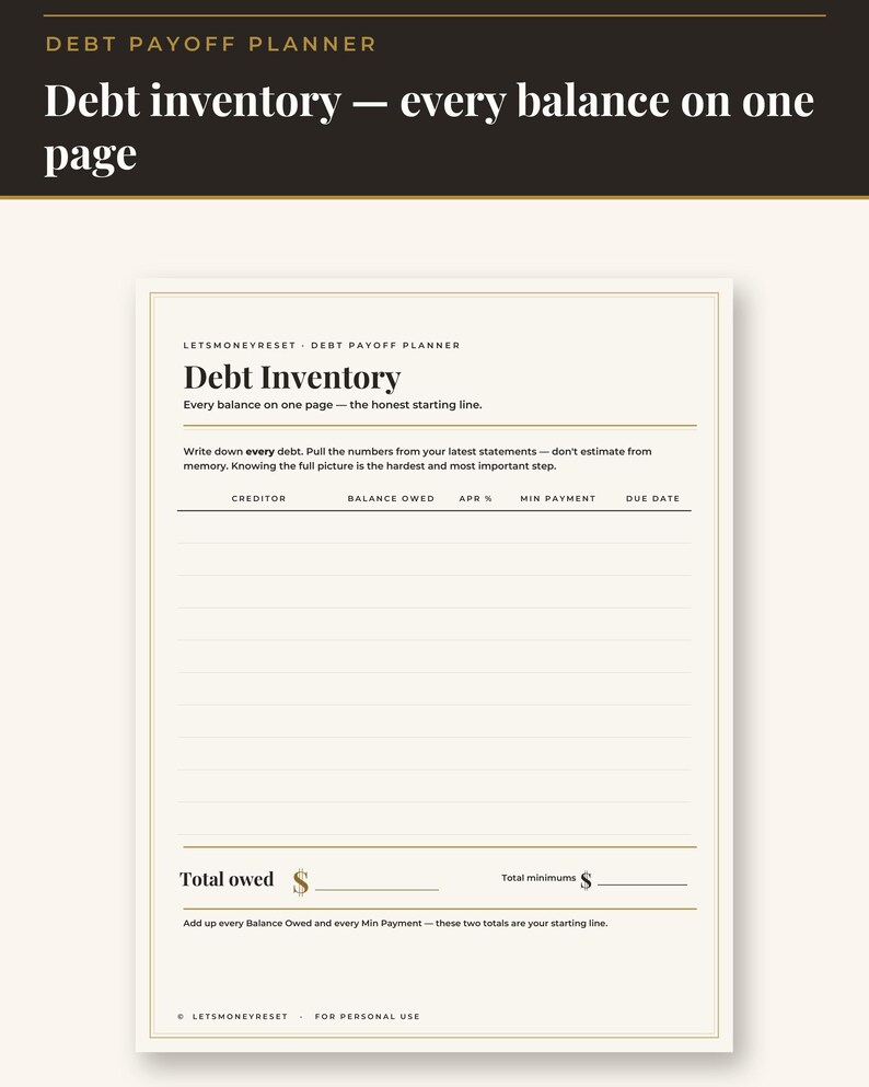 Op de afbeelding: Een pagina uit een schuldhulpverlener genaamd Debt Inventory met velden voor schuldeiser, openstaand saldo, rentepercentage, minimale betaling en vervaldatum. Het document bevat secties voor het totaal verschuldigde bedrag en de totale minimale betalingen.