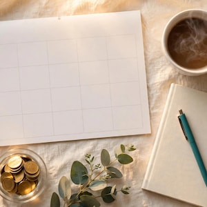 May include: A white wall calendar with a grid of empty squares, a white notebook with a teal pen, a glass bowl filled with gold-colored coins, and a sprig of green eucalyptus leaves next to a white ceramic mug containing a steaming dark beverage.