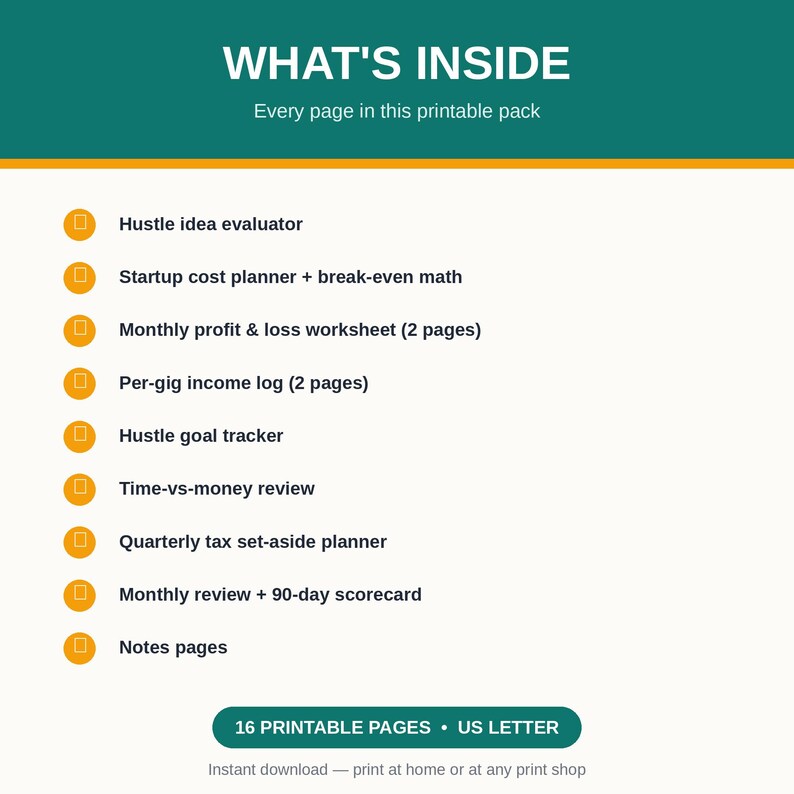 May include: A digital document titled WHAT'S INSIDE listing 16 printable pages in US Letter size. The list includes a hustle idea evaluator, startup cost planner, profit and loss worksheet, income log, goal tracker, review, and tax planner.