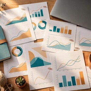 May include: A collection of white papers featuring colourful data charts and graphs in teal, orange, and yellow. Included are a teal notebook, a grey laptop, beige headphones, a small potted succulent, and a ceramic mug filled with coffee.