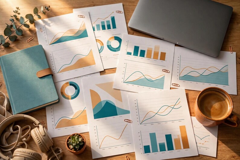 May include: A collection of white papers featuring colourful data charts and graphs in teal, orange, and yellow. Included are a teal notebook, a grey laptop, beige headphones, a small potted succulent, and a ceramic mug filled with coffee.