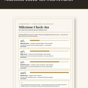 May include: A 52-Week Money Challenge 2027 printable tracker featuring Milestone Check-Ins. The document includes four progress bars for 25%, 50%, 75%, and 100% savings goals, with spaces to record dates reached, amounts saved, and personal rewards.