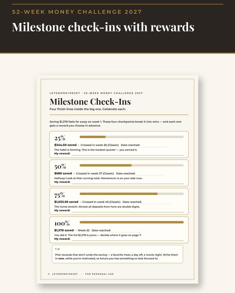 May include: A 52-Week Money Challenge 2027 printable tracker featuring Milestone Check-Ins. The document includes four progress bars for 25%, 50%, 75%, and 100% savings goals, with spaces to record dates reached, amounts saved, and personal rewards.
