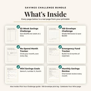 Puede incluir: Una infograf&iacute;a de Savings Challenge Bundle titulada What's Inside, que enumera seis p&aacute;ginas imprimibles: 52-Week Savings Challenge, 100 Envelope Challenge, No-Spend Month Tracker, Emergency Fund Tracker, Mini Savings Goals y Monthly Savings Review.