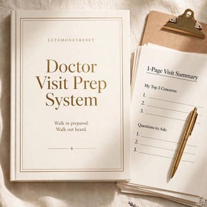 May include: A cream-coloured book titled Doctor Visit Prep System with gold text, accompanied by a stack of 1-Page Visit Summary sheets on a clipboard, a gold pen, and a sprig of dried lavender. The cover text reads Letsmoneyreset.