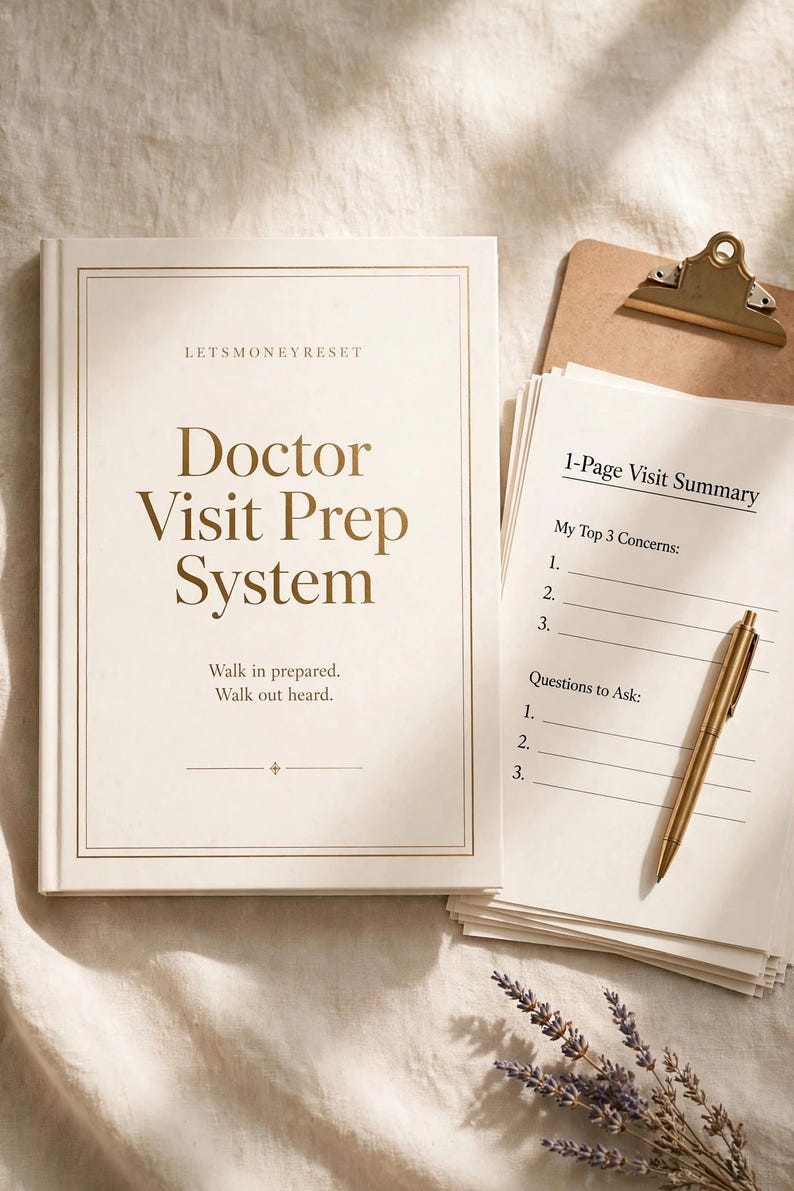 May include: A cream-coloured book titled Doctor Visit Prep System with gold text, accompanied by a stack of 1-Page Visit Summary sheets on a clipboard, a gold pen, and a sprig of dried lavender. The cover text reads Letsmoneyreset.