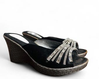Vintage Boutique Y2K Black Wedge Slide Sandals Rhinestone Strappy Mule Size 38